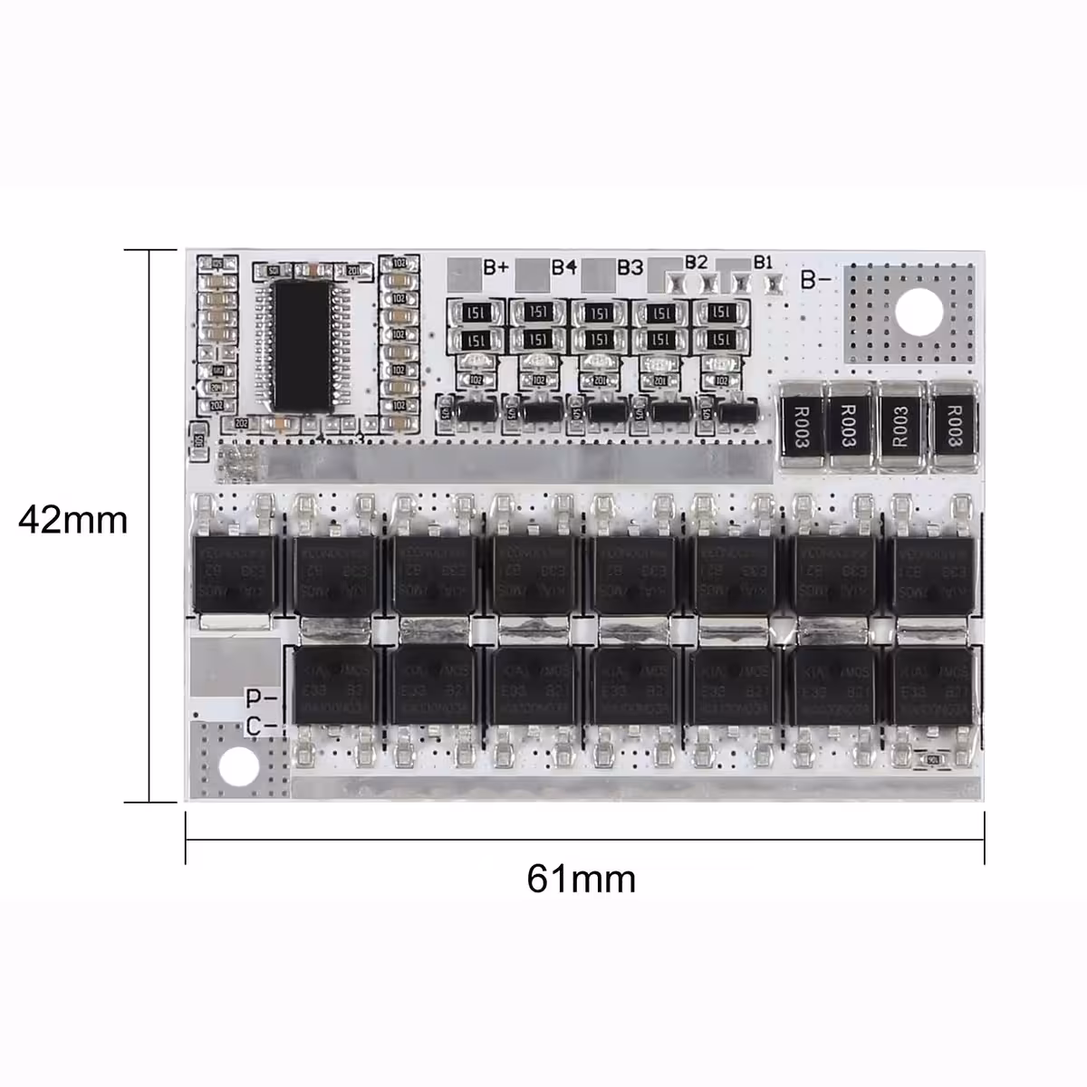 Detailný obrázok s označenými rozmermi BMS dosky