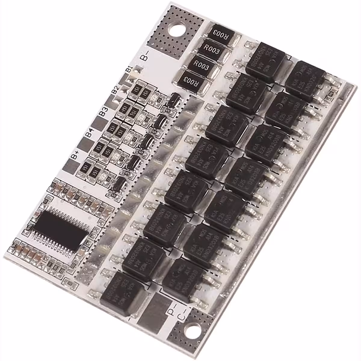 Detailný obrázok prednej strany BMS dosky 5S 100A, jasne viditeľné elektronické súčiastky