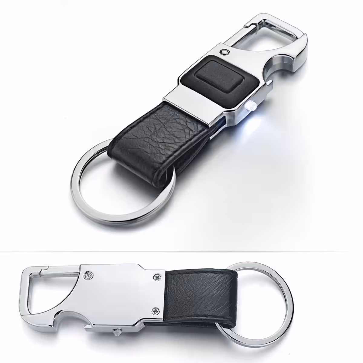 Prívesok pre moderného muža s LED, otváračom a kožou