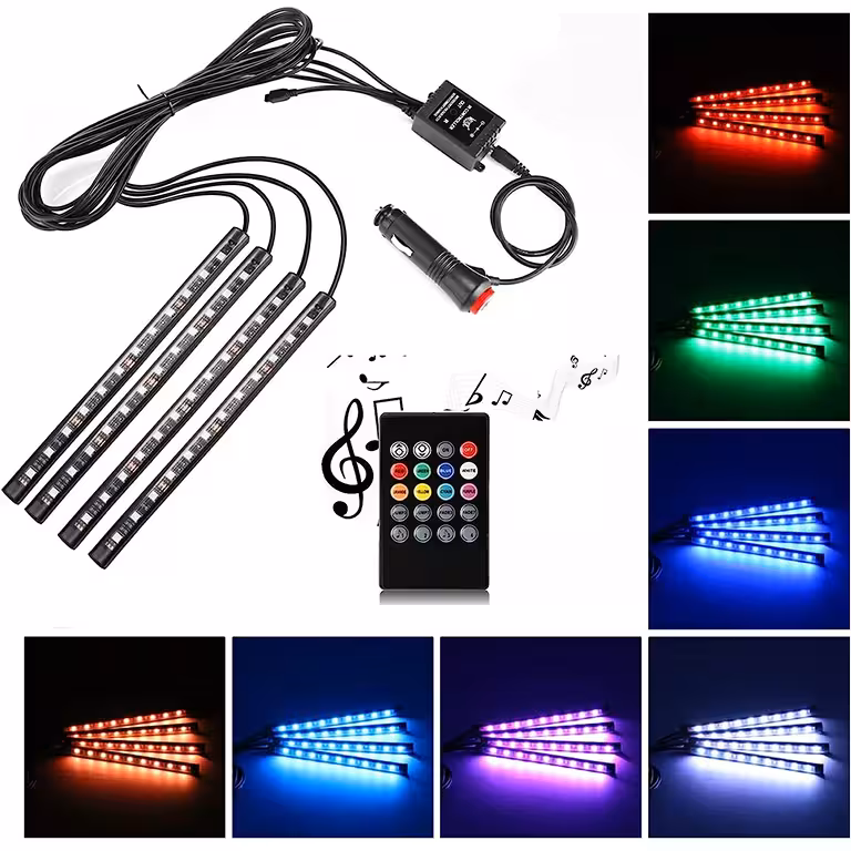 Ambientné auto osvetlenie – LED RGB pásiková sada do interiéru auta so zvukovým senzorom
