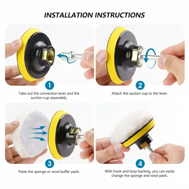 Návod na montáž brúsnych húb na vŕtačku Obrázok so správnou inštaláciou leštiacich hubiek na vŕtačku s adaptérom