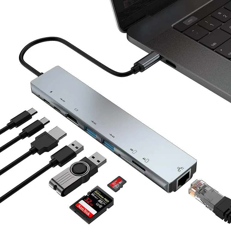 USB-C adaptér s HDMI, RJ45, USB a čítačkou kariet pre notebooky