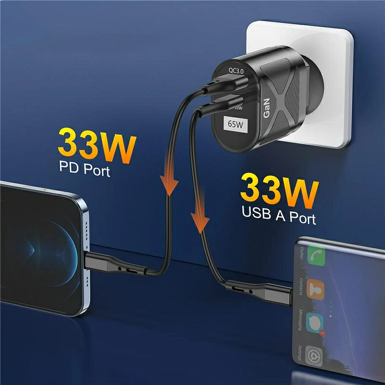 Kompaktná GaN nabíjačka s USB-C a USB-A portami, ideálna na cestovanie