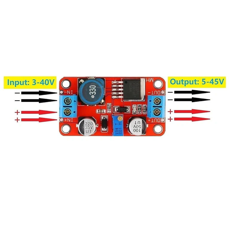 Diagram pripojenia XL6019 DC-DC Boost Converter modulu, ukazujúci vstupy a výstupy pre jednoduchú inštaláciu