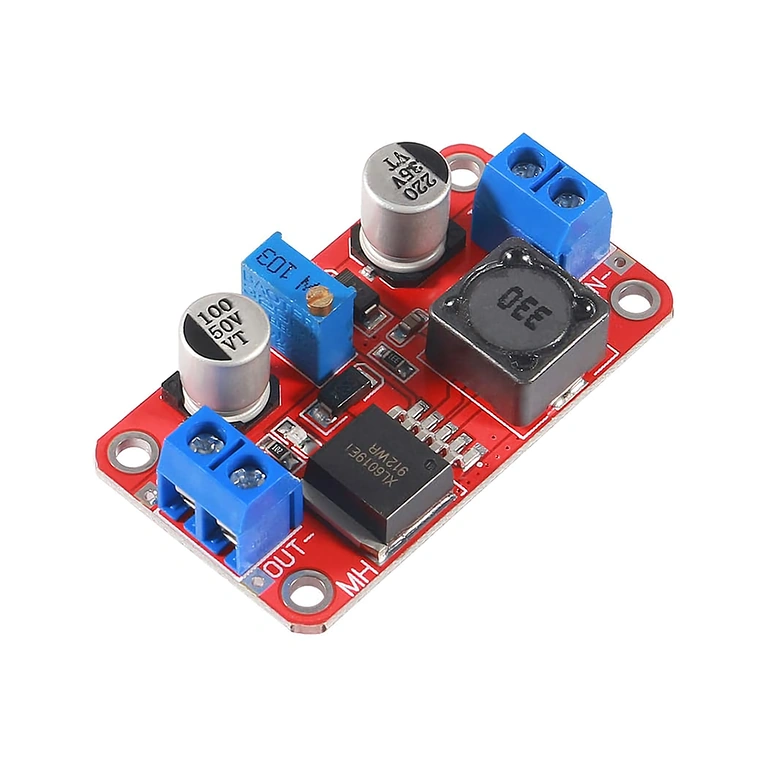 XL6019 DC-DC Boost Converter modul, bočný pohľad, ďalšia perspektíva rozmerov a štruktúry