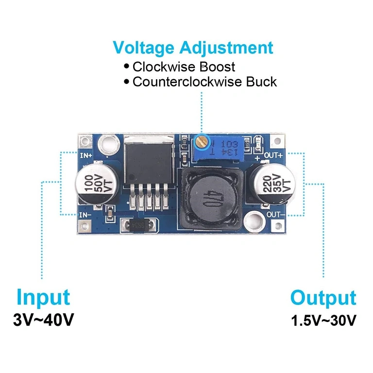 Diagram pripojenia LM2596S DC-DC step-down modulu s nastaviteľným napätím 1,25–35V