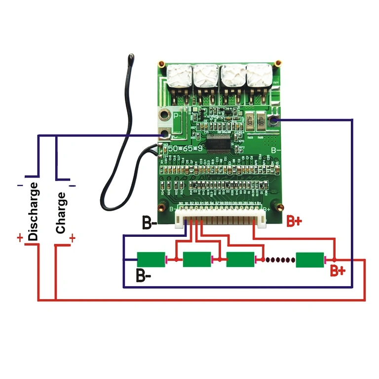 Elektrický schéma pre pripojenie BMS 14S 52V k článkom Li-Ion