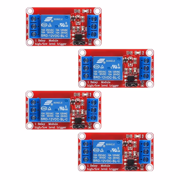 Sada 4 ks: riadiace relé 5V / 12V s optočlenom – 1-kanálový modul, NC/NO, Trigger High/Low, 10A