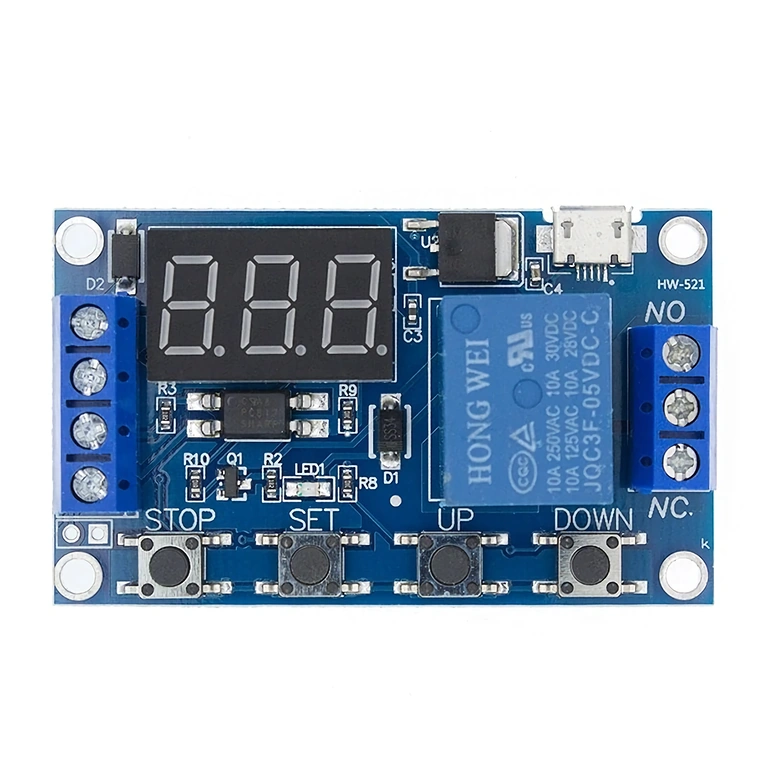 Celkový pohľad na relé modul s časovačom 6–30V