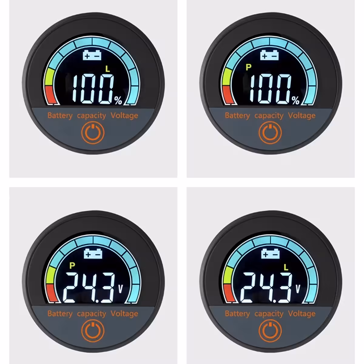 Blízky pohľad na farebný LCD displej digitálneho indikátora, zobrazenie napätia a percenta batérie, Li-ion a LiFePO4 12V–72V
