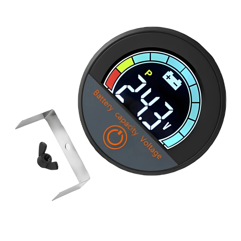 Pohľad spredu na digitálny modul s percentom batérie a voltmetrom, Li-ion a LiFePO4, 12V–72V, pre bicykel, kolobežku a elektrický skúter