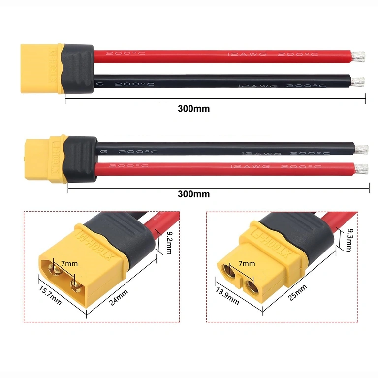 Schéma s rozmermi XT60 samica a samec konektora