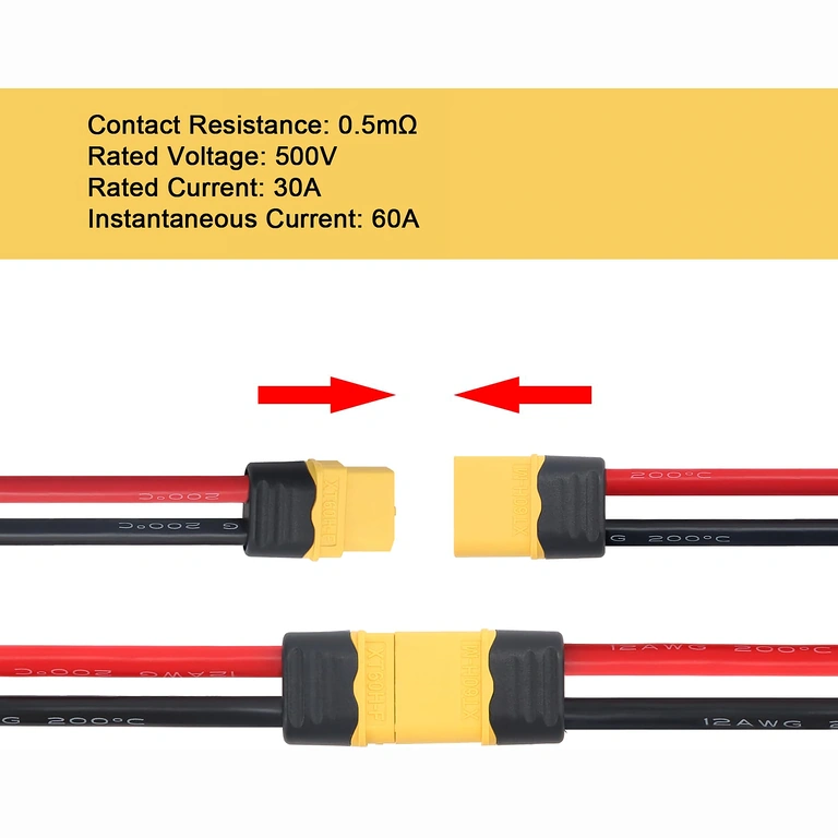 Detail páru XT60 s 12AWG silikónovým vodičom