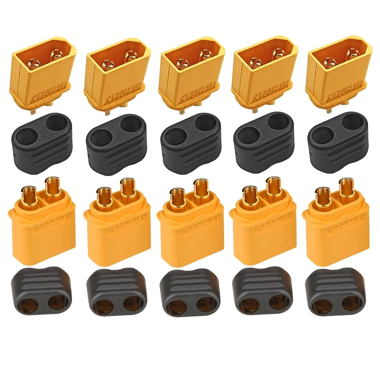 Horný pohľad na sadu 5 XT60H konektorov, zobrazuje pozlátené kontakty