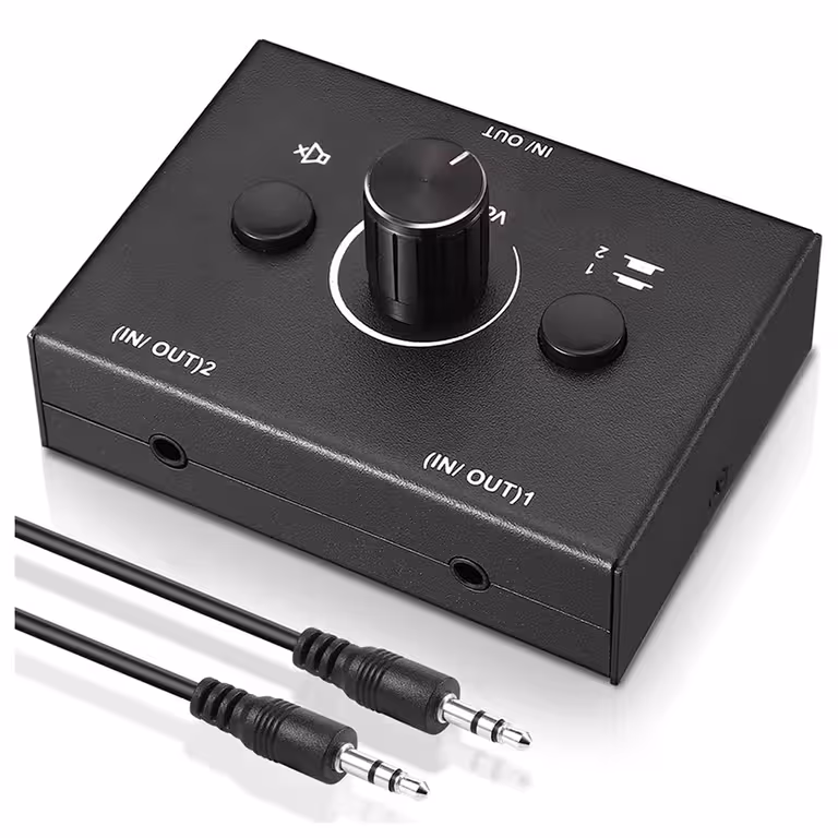 Stereo audio prepínač HiFi – audio switcher s výberom zdrojov, signál boxov a splitter RCA/Jack 3,5 mm