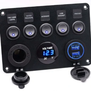 Panel súpravy prepínač 5 tlačidiel on off auto voltmeter nabíjačka autozásuvky 12V 24V