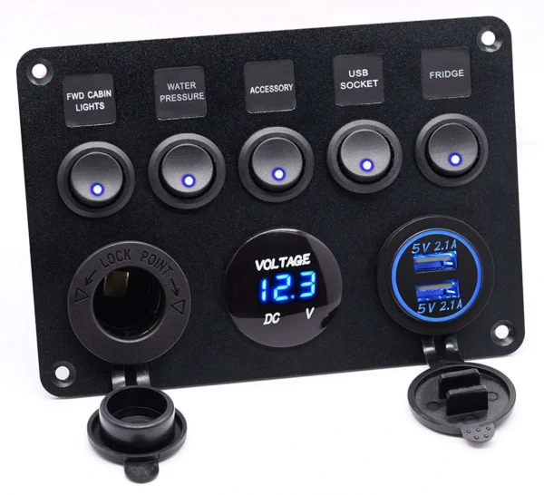 Panel súpravy prepínač 5 tlačidiel on off auto voltmeter nabíjačka autozásuvky 12V 24V